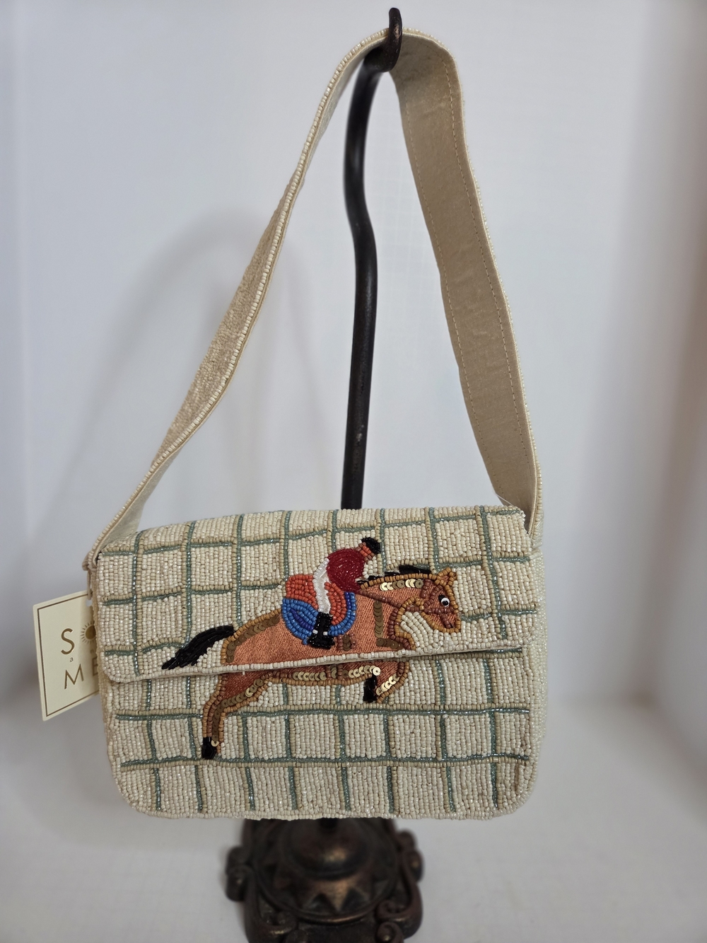 Cream Beaded Shoulder Bag with Embroidered Horse Motif